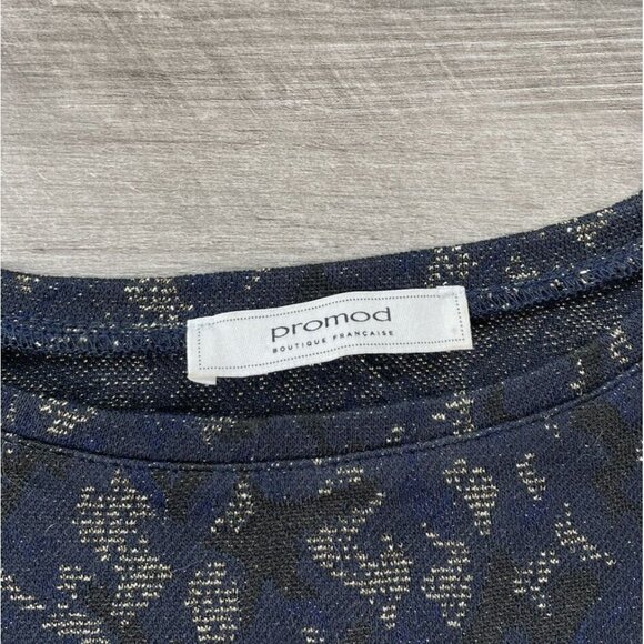 Promod Womens Navy Blue Animal Print Mini Dress Size M Long Sleeve Metallic - Picture 2 of 6